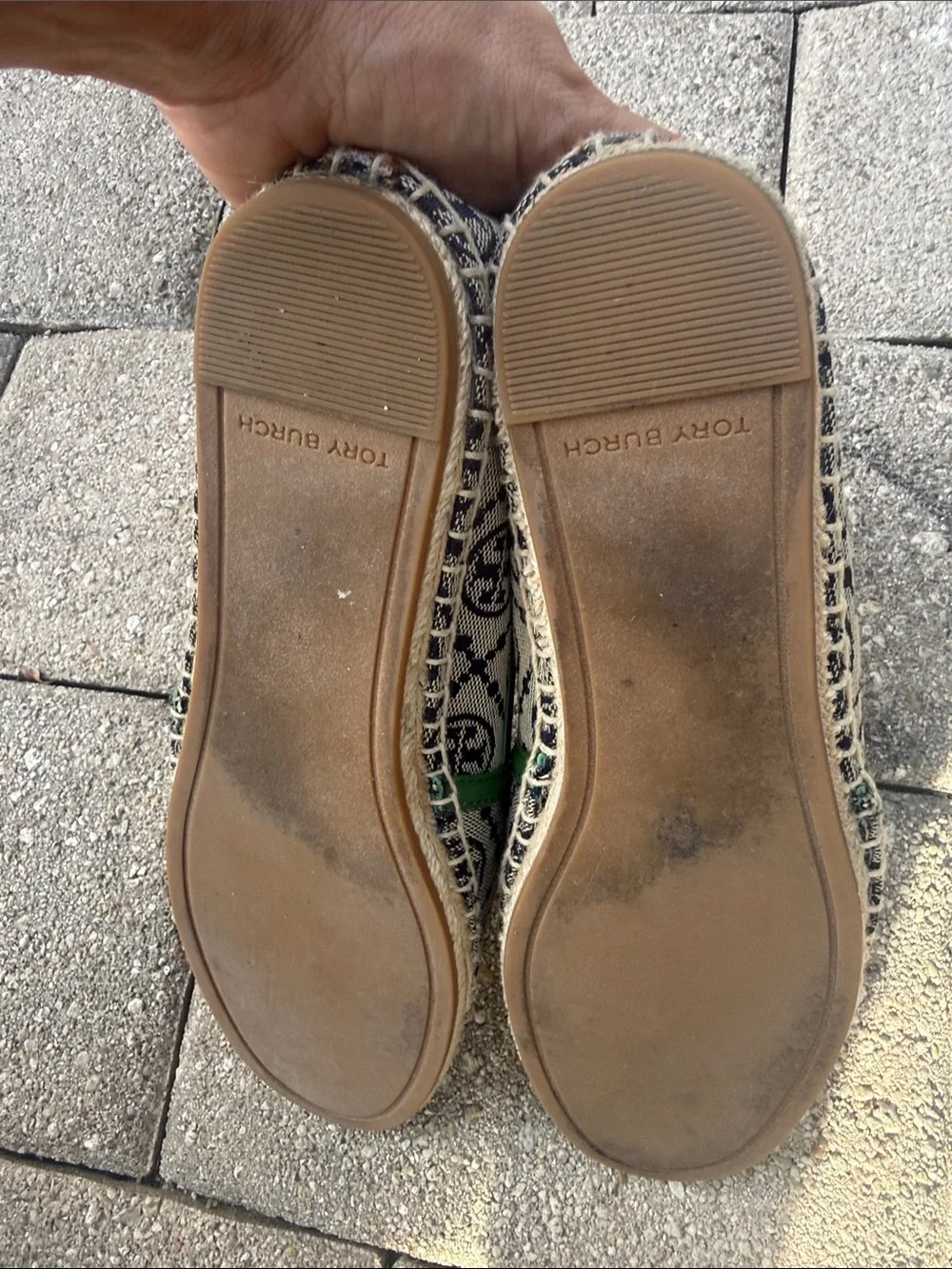 Tory Burch Navy Logo Canvas Espadrilles with Green Trim